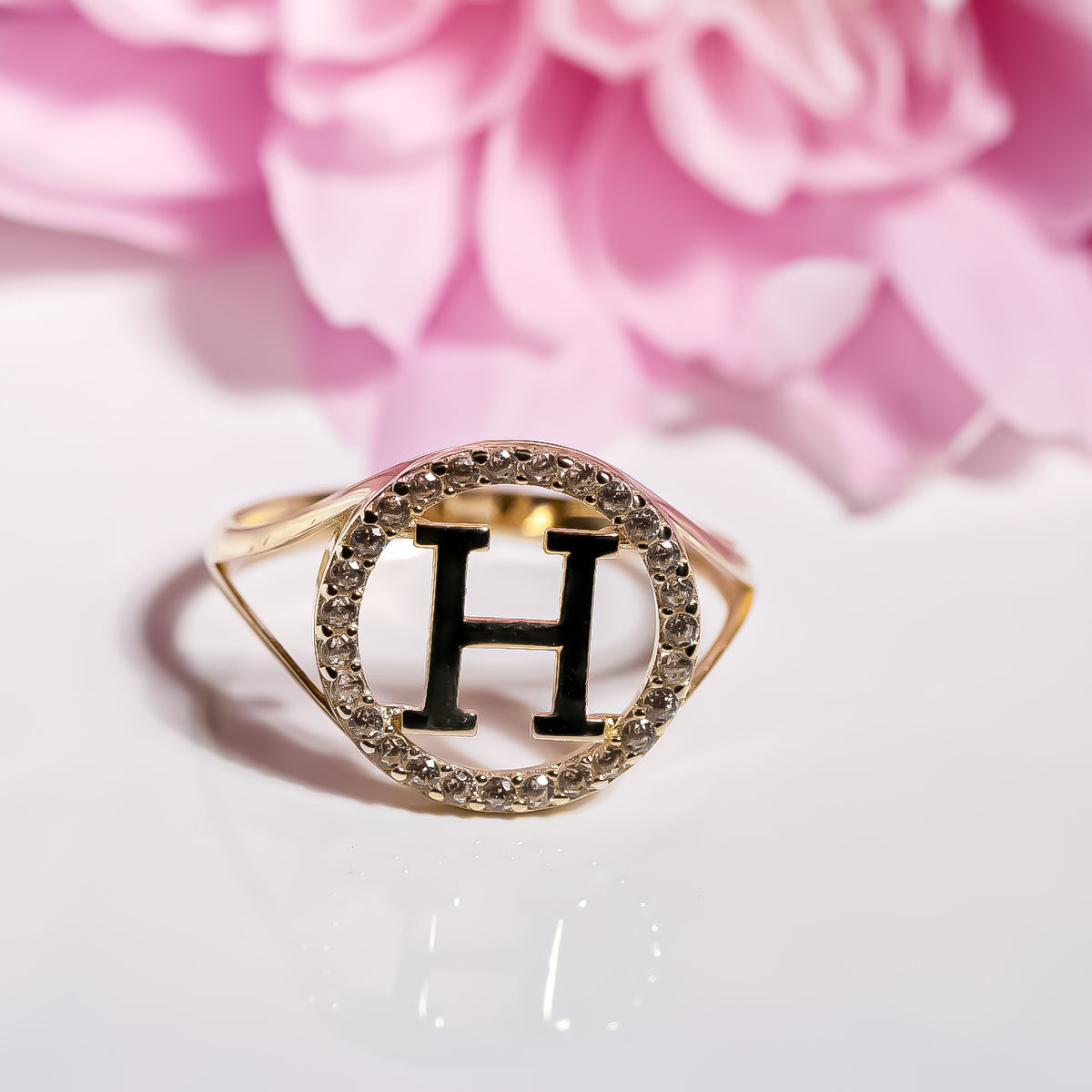 Letter H Ring cz, 14K Solid Yellow Gold