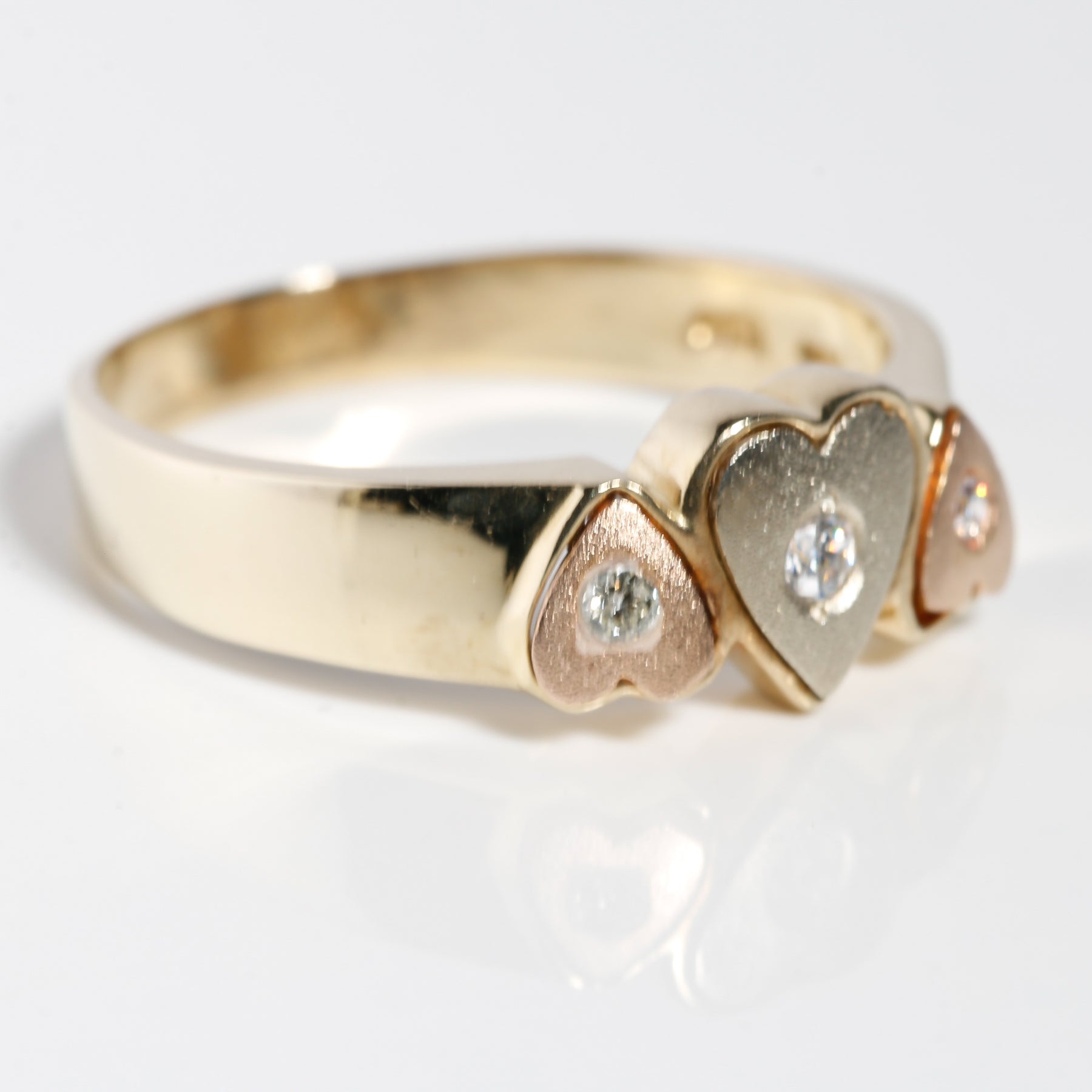 14K Solid Gold Tricolor Three Hearts Ring