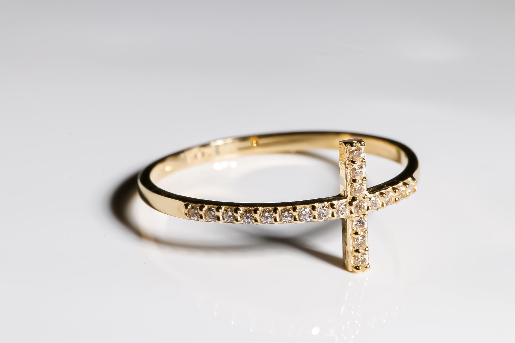 Cross Ring cz, 14K Solid Yellow Gold