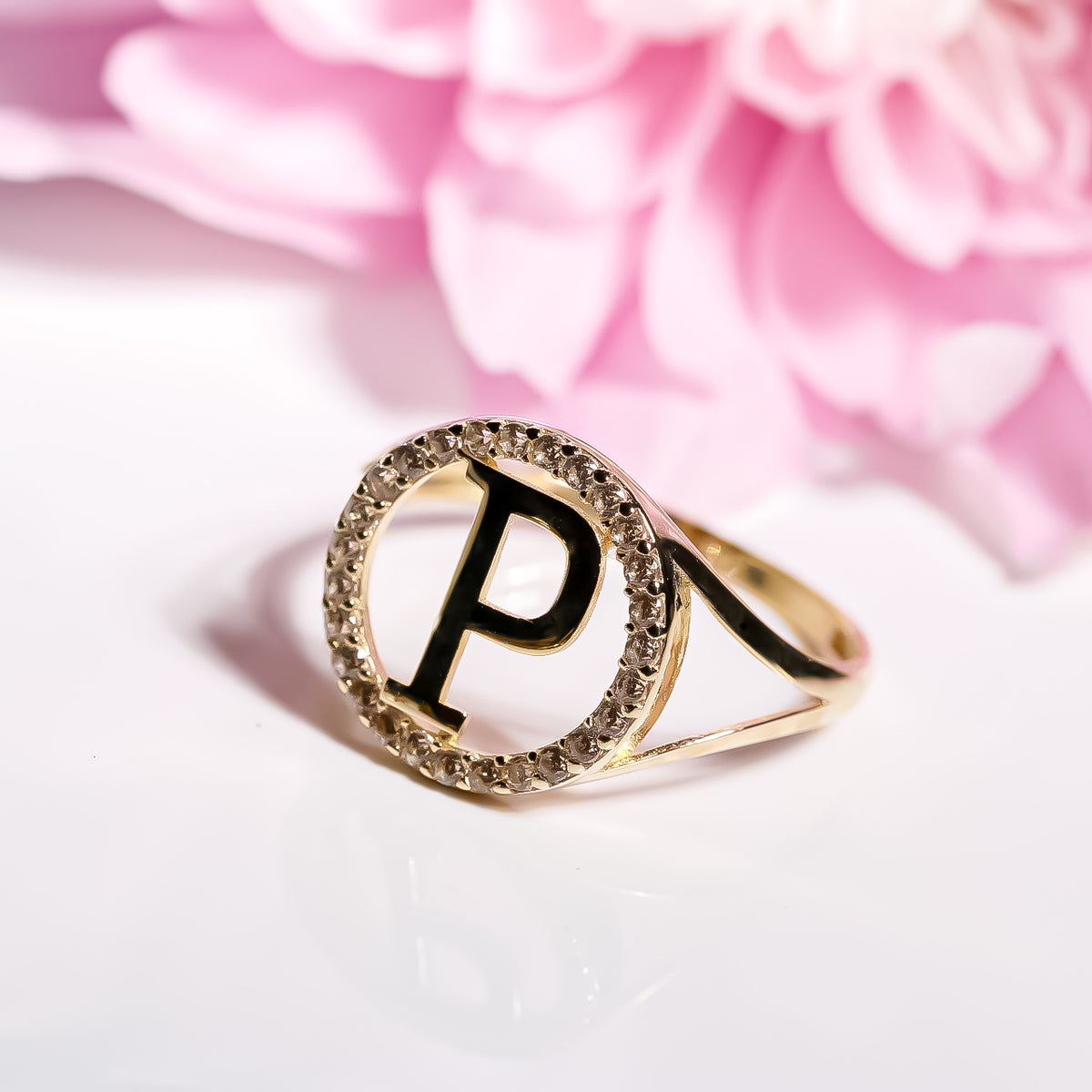 Letter P Ring cz , 14K Solid Yellow Gold