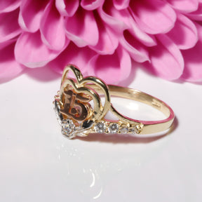 14K Solid Gold Double Heart Quinceañera “15” Ring – Clear Cubic Zirconia Stones