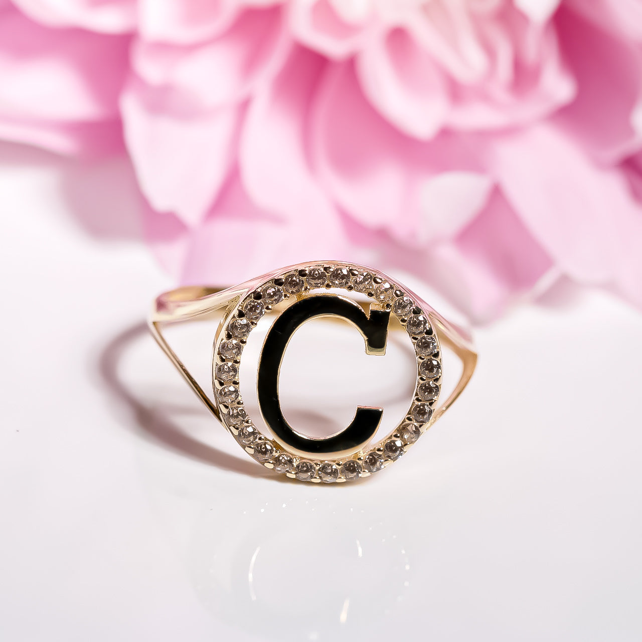 Letter C Ring cz, 14K Solid Yellow Gold