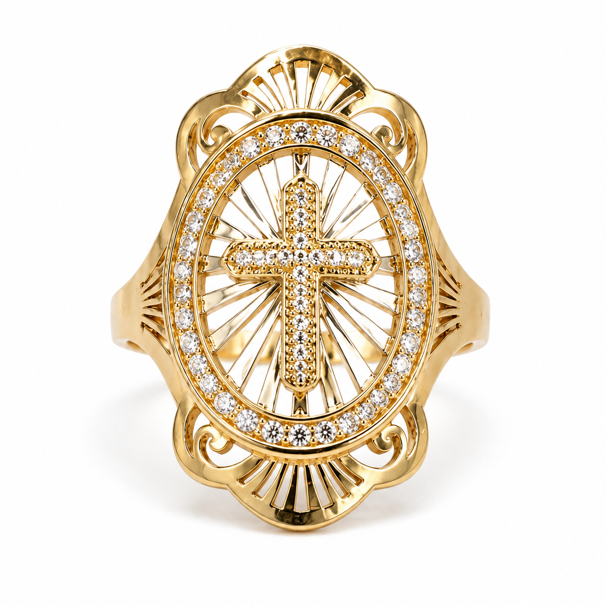 14K solid gold cross ring with clear cubic zirconia accents 