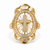 14K solid gold cross ring with clear cubic zirconia accents 