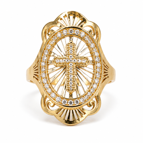 14K solid gold cross ring with clear cubic zirconia accents 