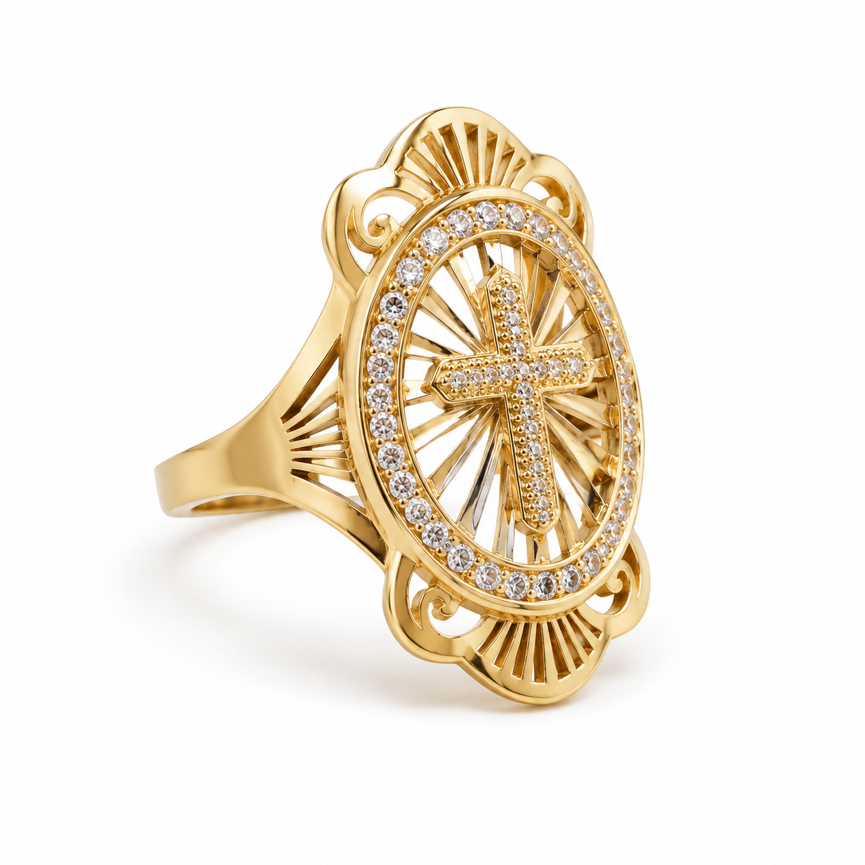 14K solid gold cross ring side view with clear cubic zirconia accents