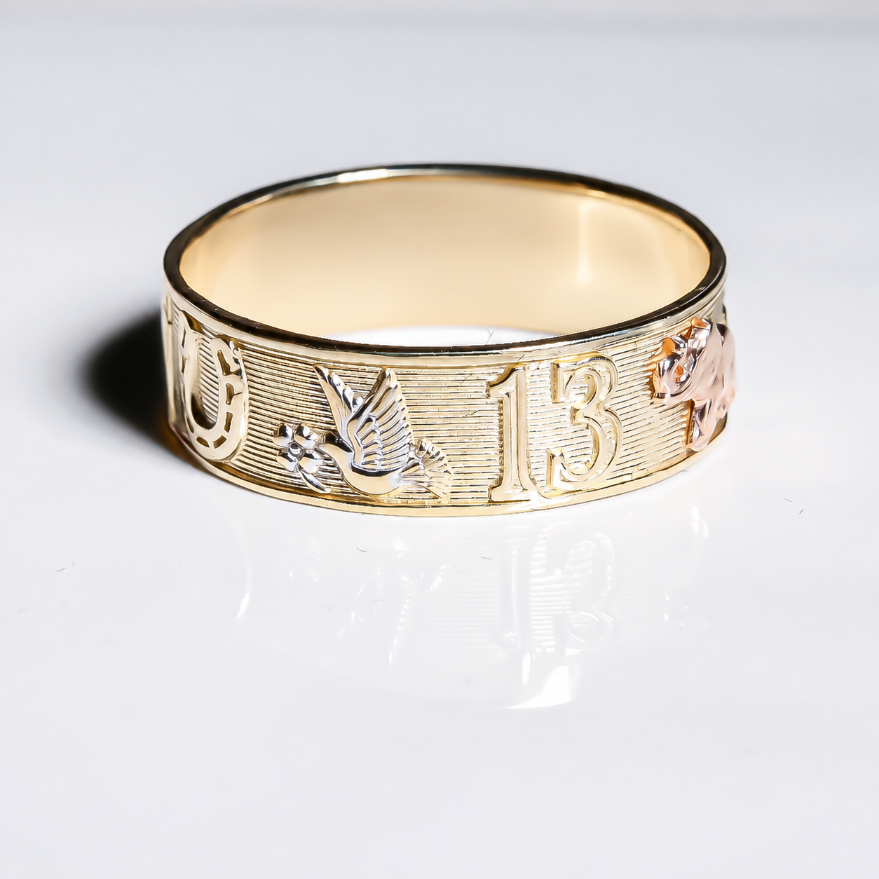 14K Solid Gold Tri-Color Lucky Symbols Ring – Good Luck Charm Band