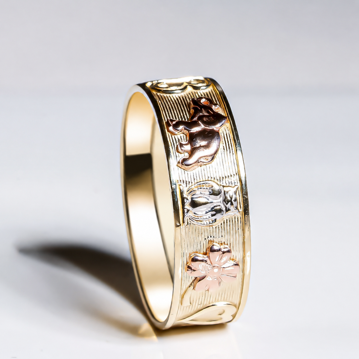 14K Solid Gold Tri-Color Lucky Symbols Ring – Good Luck Charm Band
