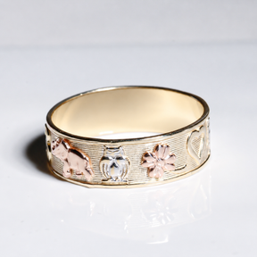 14K Solid Gold Tri-Color Lucky Symbols Ring – Good Luck Charm Band