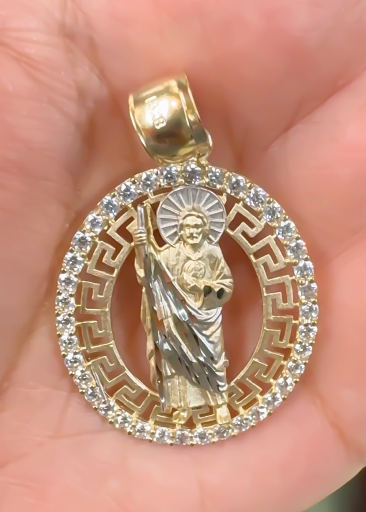 Golden Halo:San Judas Pendant cz, 14k Solid Two-tone Gold