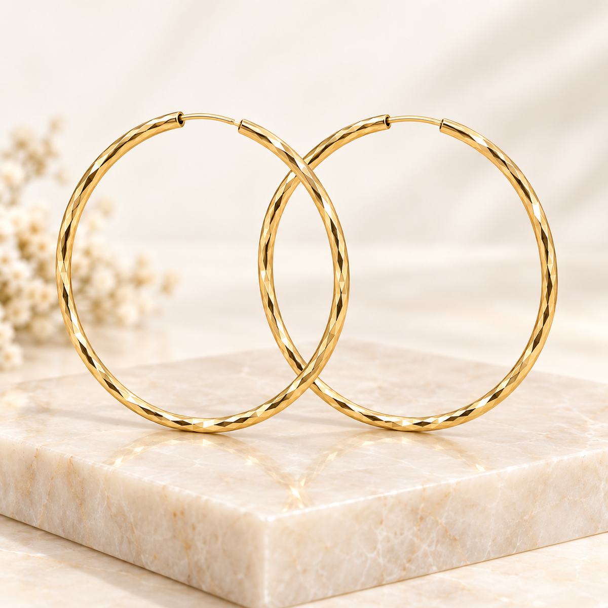 14K Solid Yellow Gold Diamond-Cut Hoop Earrings – 47mm