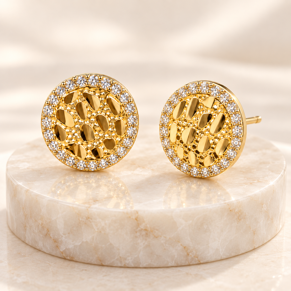 14K Solid Yellow Gold Round Nugget Stud Earrings with Cubic Zirconia – 12mm