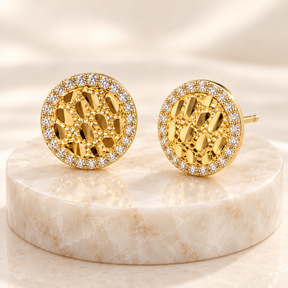 14K Solid Yellow Gold Round Nugget Stud Earrings with Cubic Zirconia – 12mm