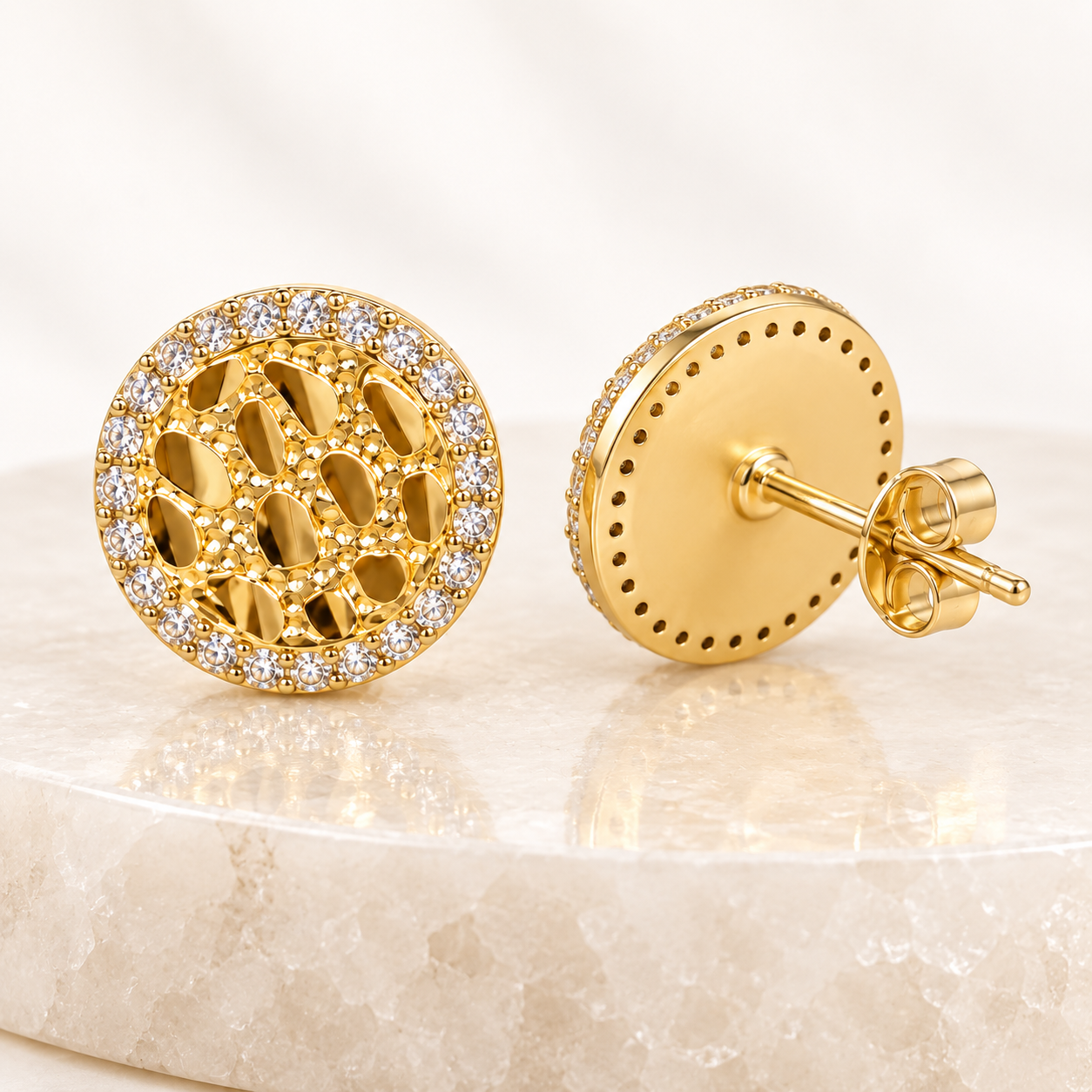 14K Solid Yellow Gold Round Nugget Stud Earrings with Cubic Zirconia – 12mm