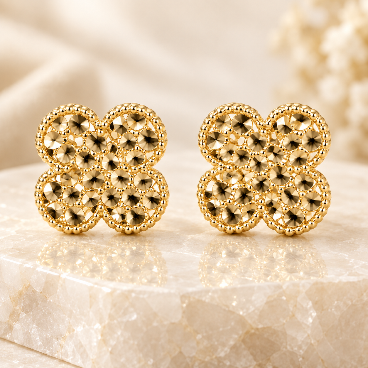 14K Solid Yellow Gold Four-Leaf Clover Nugget Stud Earrings