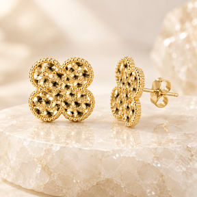 14K Solid Yellow Gold Four-Leaf Clover Nugget Stud Earrings