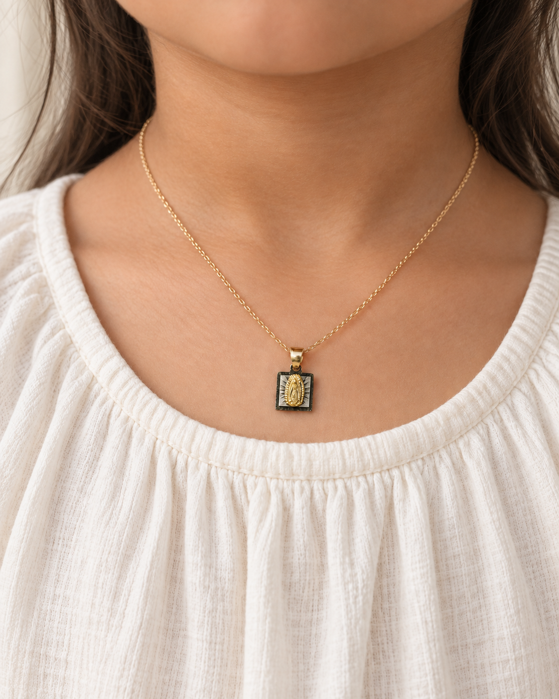 14K Solid Gold Petite Virgen de Guadalupe Square Pendant – 10mm