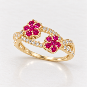 14K Solid Yellow Gold Fuchsia & Clear CZ Floral Bypass Ring