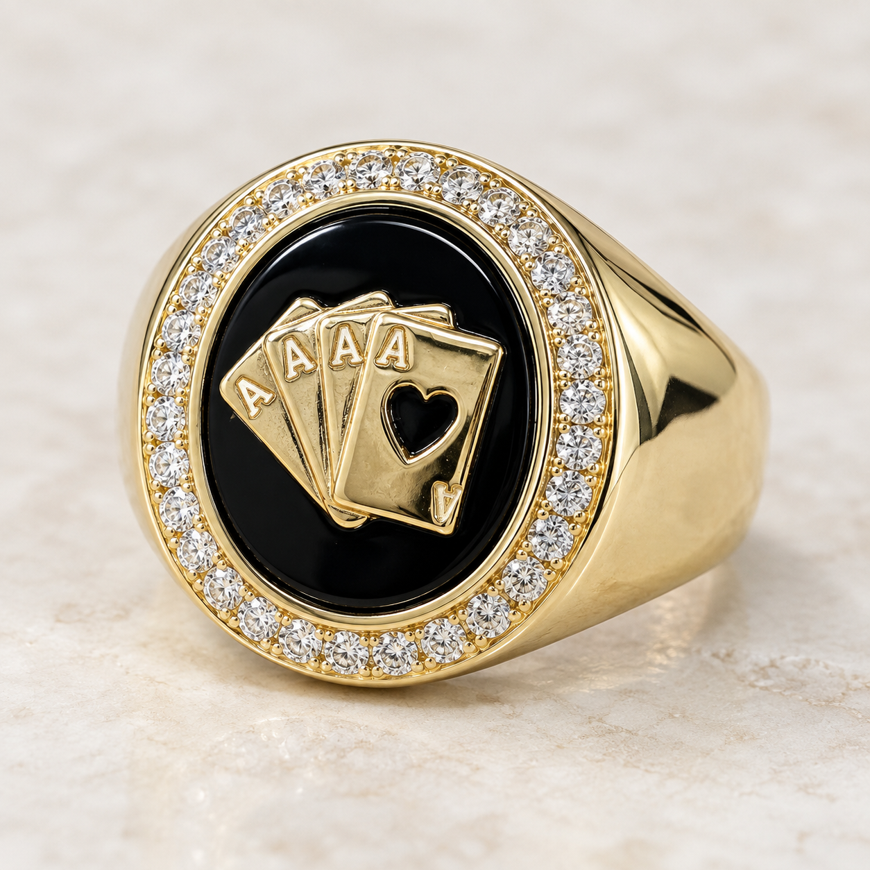 14K Solid Yellow Gold Four Aces Men’s Ring with Clear CZ