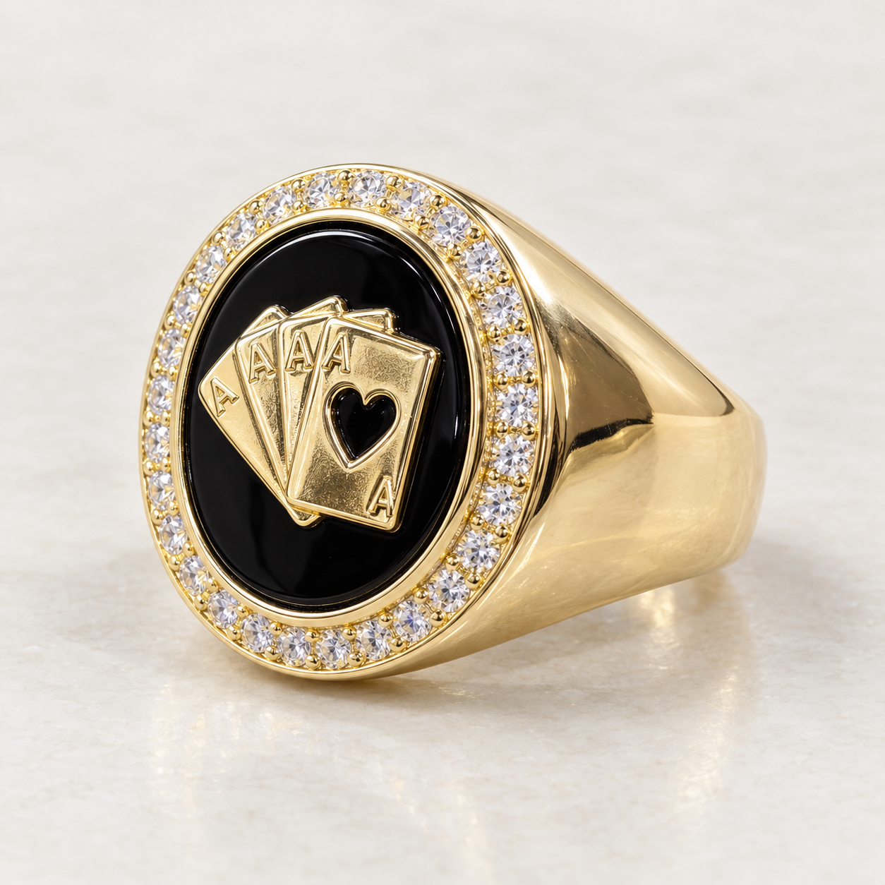 14K Solid Yellow Gold Four Aces Men’s Ring with Clear CZ