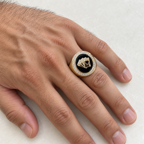 14K Solid Yellow Gold Four Aces Men’s Ring with Clear CZ