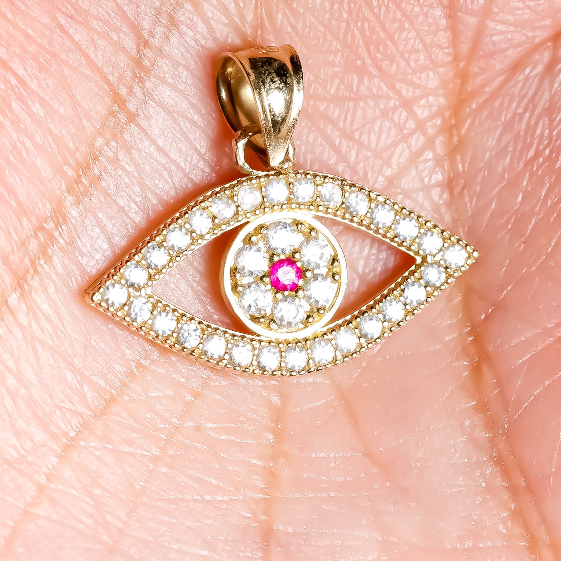 Evil Eye Pendant cz, 14K Solid Yellow Gold