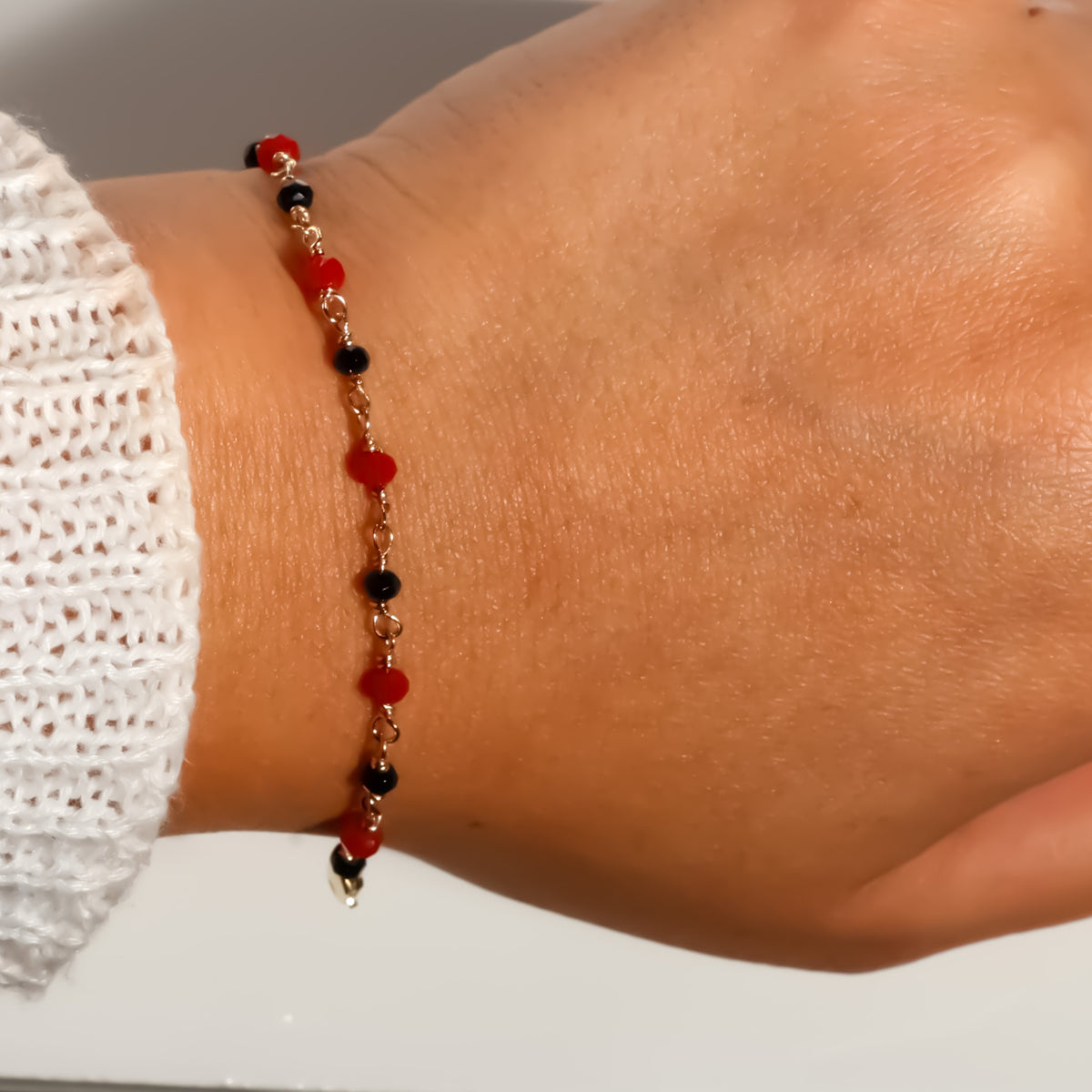 Red and Black Stone Bracelet, 14K Solid Yellow Gold