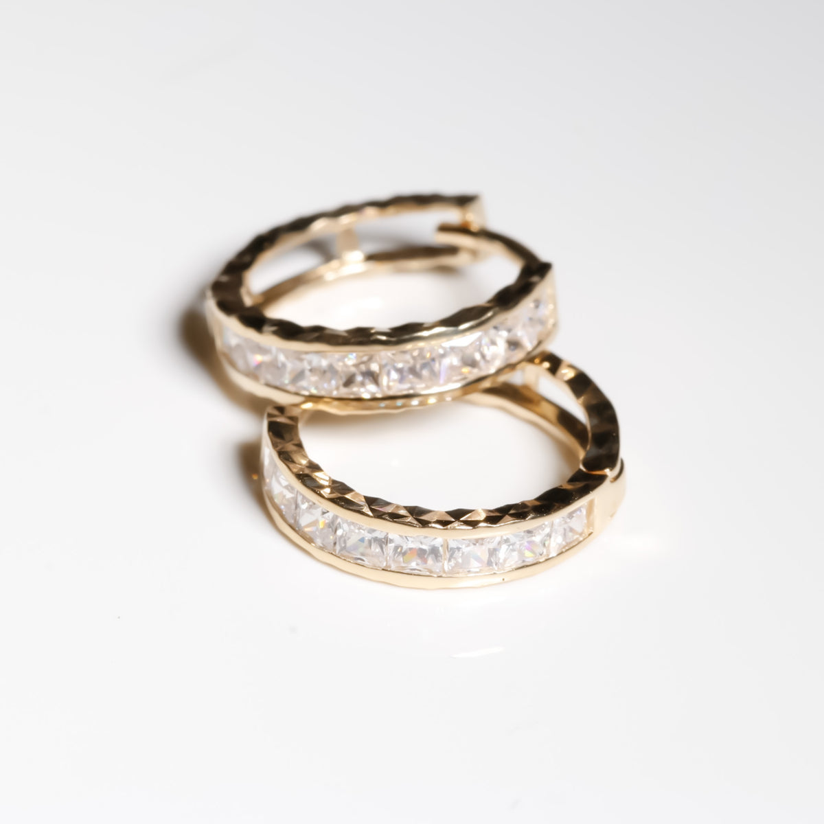 Edge Diamond cut Hoop Earrings cz, 14K Solid Yellow Gold