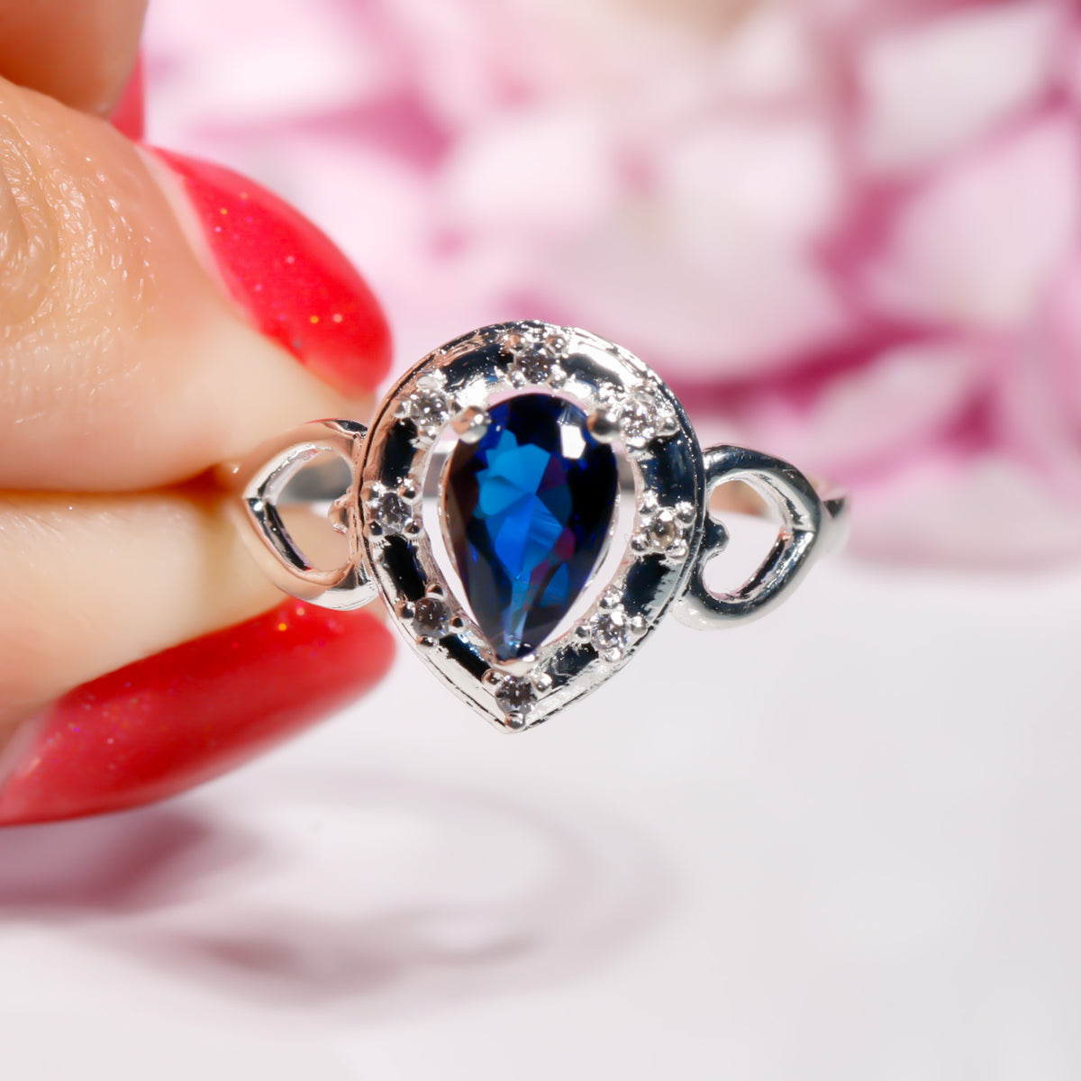 Blue Sapphire tear-drip Ring cz, 925 Sterling Silver