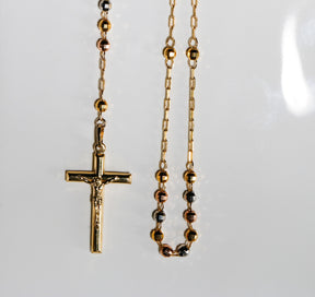 Virgin Crucifix Rosary Necklace, 14K Solid three tone Gold