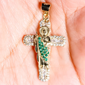 San Judas Cross cz Pendant, 14K Solid Yellow Gold