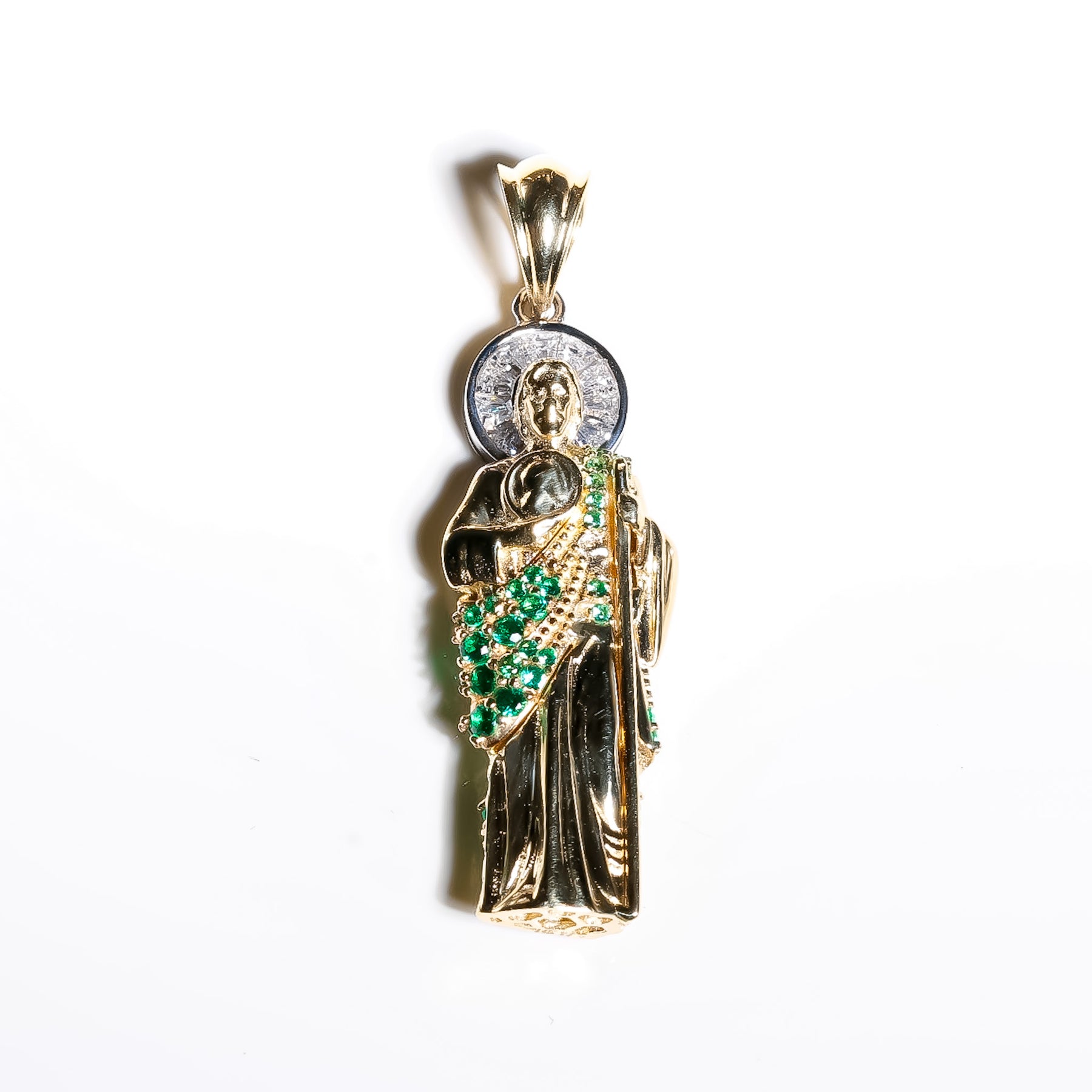 3D San Judas cz Pendant, 14K Solid Yellow Gold