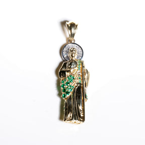 3D San Judas cz Pendant, 14K Solid Yellow Gold