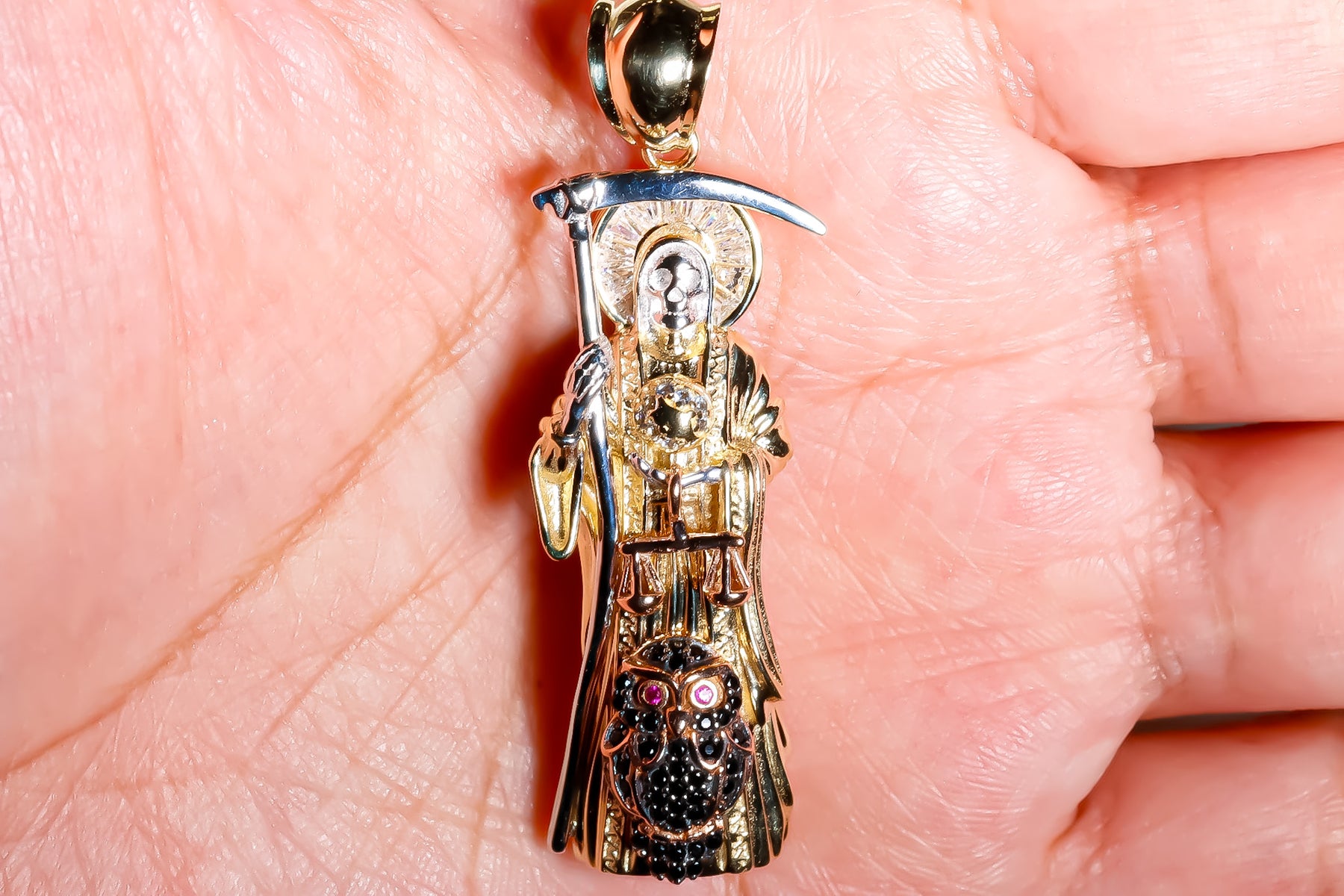 Owl Santa Muerte 3D Pendant, 14K Solid Yellow Gold