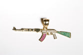 AK47 Gun Pendant cz, 14K Solid Yellow Gold