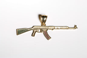 AK47 Gun Pendant cz, 14K Solid Yellow Gold