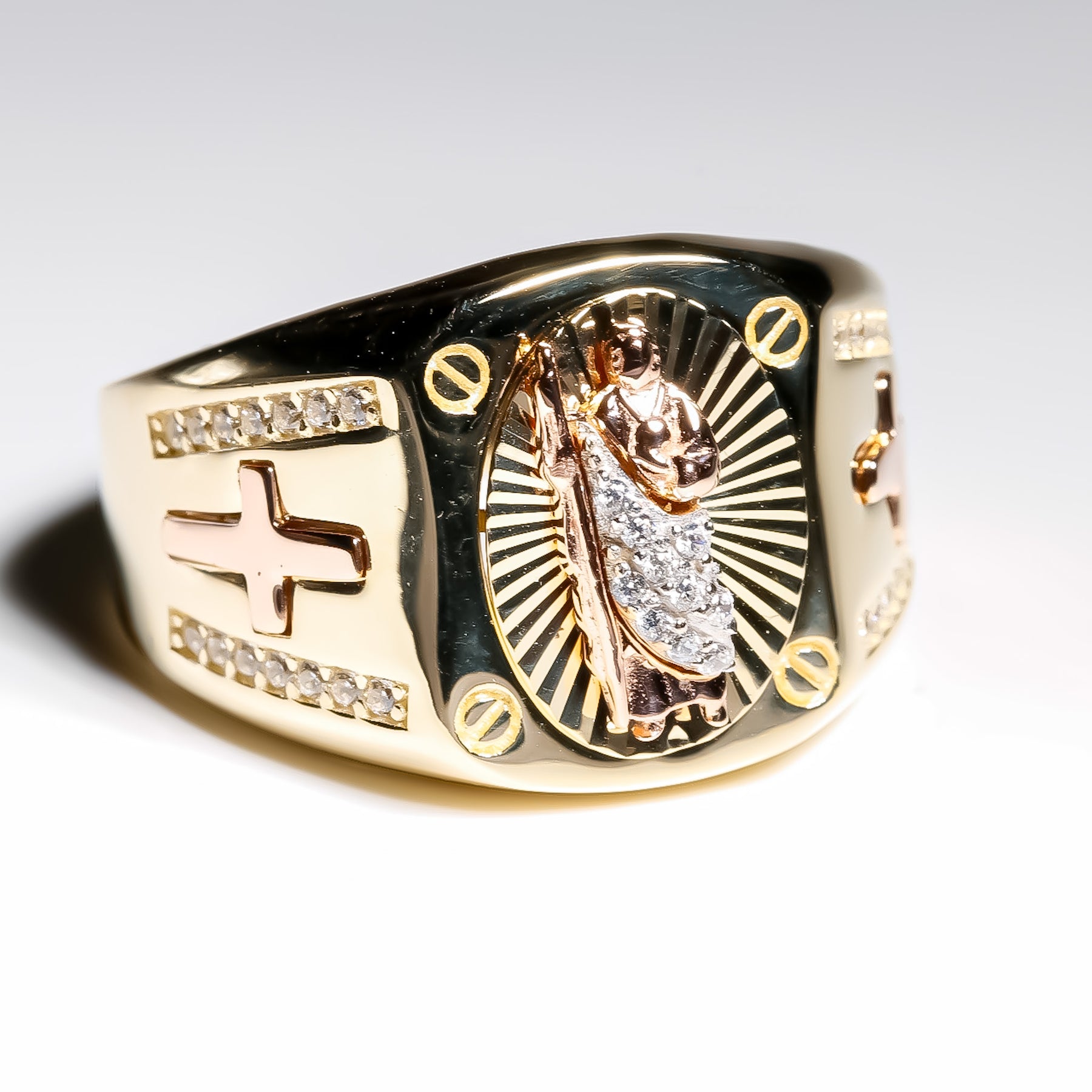 San Judas Cross Ring cz, 14K Solid Two-Tone Gold