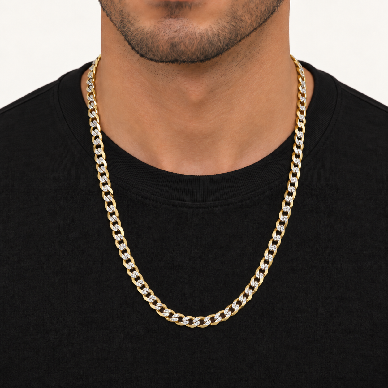 Man wearing a 24-inch 5 mm 14K solid two-tone gold diamond-cut Cuban link chain with a black shirt