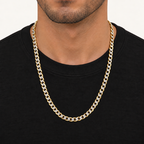 Man wearing a 24-inch 5 mm 14K solid two-tone gold diamond-cut Cuban link chain with a black shirt