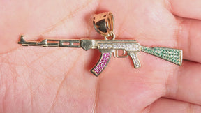 AK47 Gun Pendant cz, 14K Solid Yellow Gold