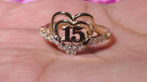 14K Solid Gold Double Heart Quinceañera “15” Ring – Clear Cubic Zirconia Stones