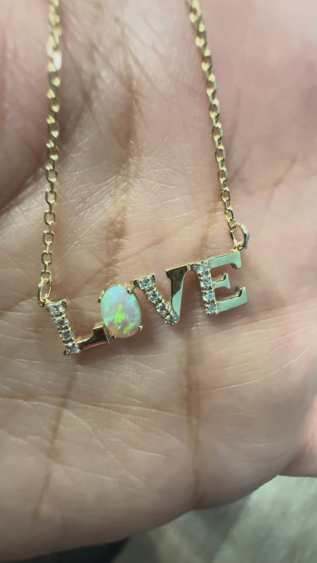 14K Solid Gold LOVE Pendant with Opal and Cubic Zirconias