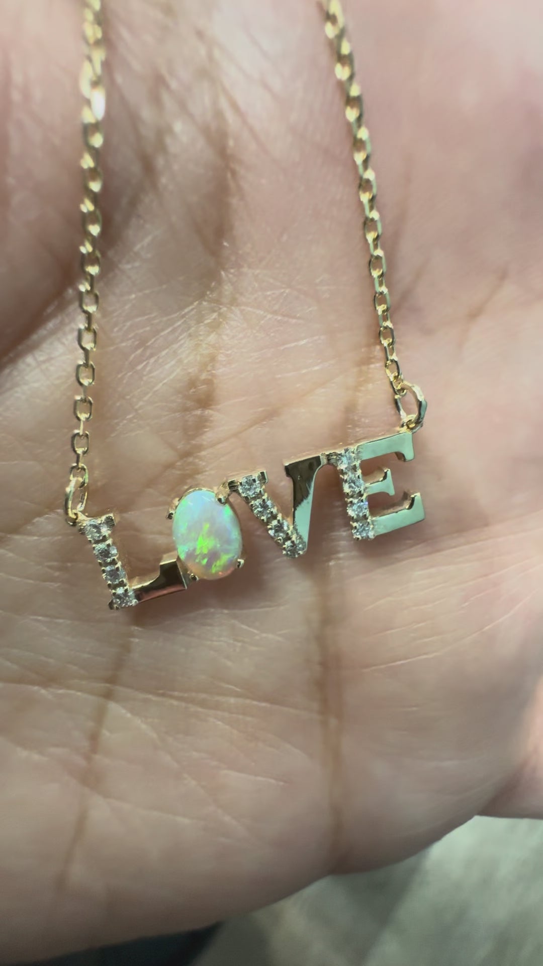 14K Solid Gold LOVE Pendant with Opal and Cubic Zirconias