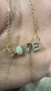 14K Solid Gold LOVE Pendant with Opal and Cubic Zirconias