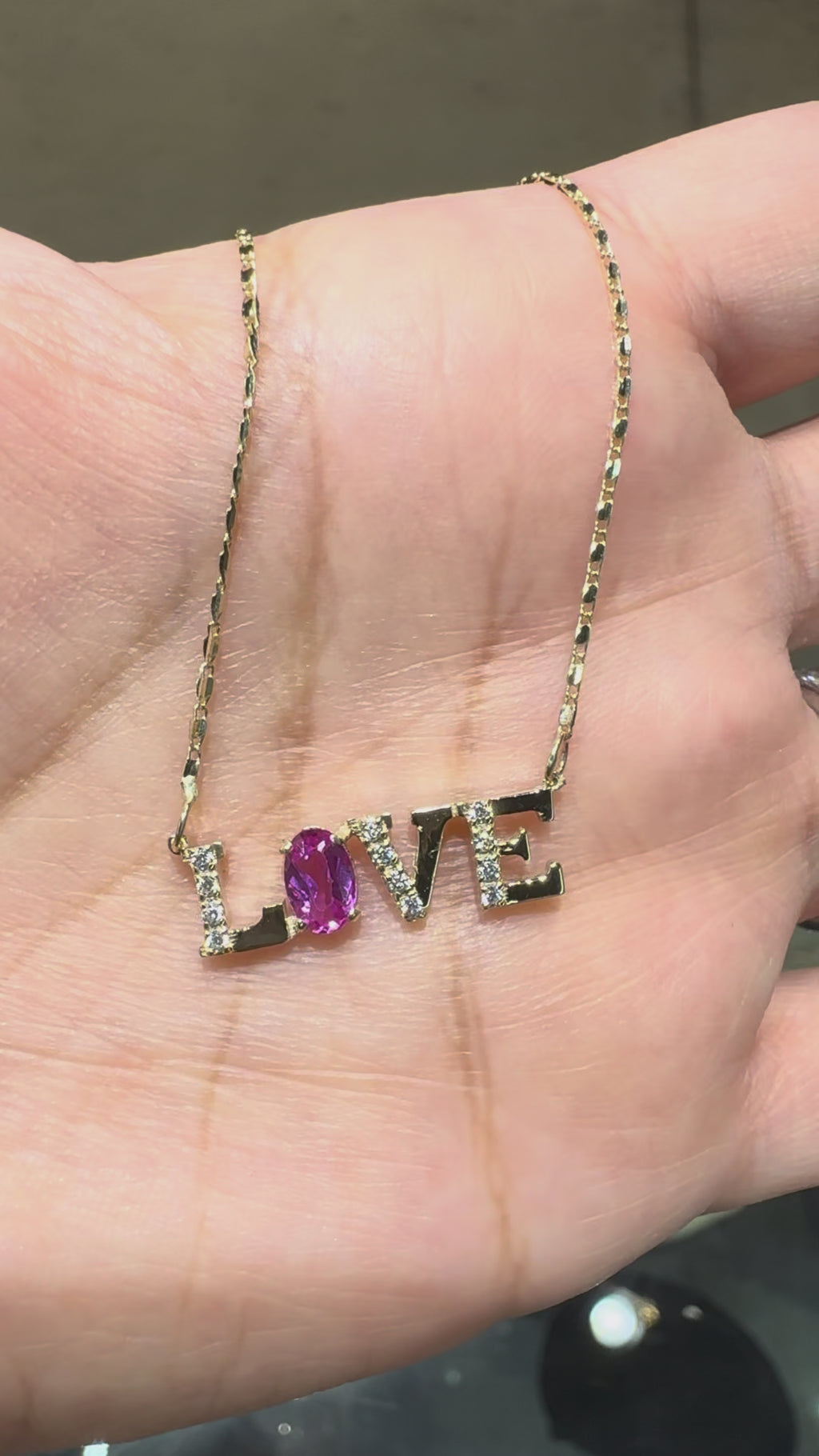 14K Solid Gold LOVE Pendant with Pink Stone and Cubic Zirconias