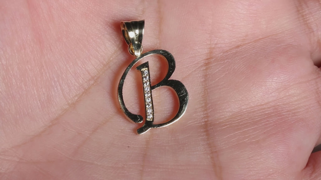 Elegant Letter B Pendant cz, 14K Solid Yellow Gold