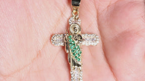 San Judas Cross cz Pendant, 14K Solid Yellow Gold