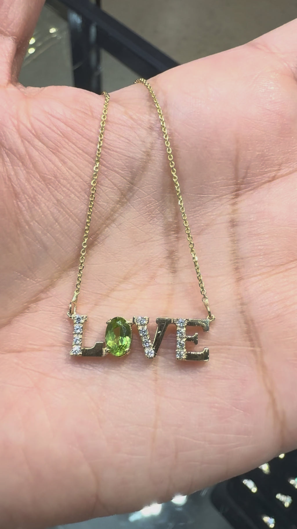 14K Solid Gold LOVE Pendant with Peridot and Cubic Zirconias