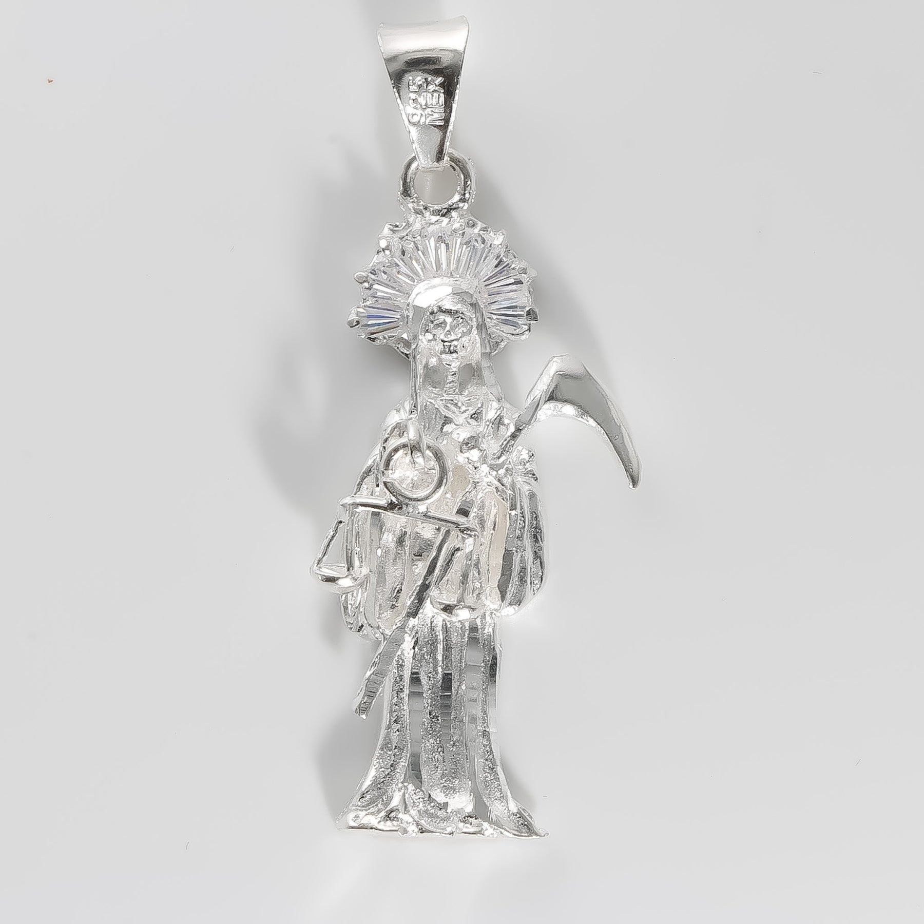Santa Muerte Sterling Silver Pendant - Grim Reaper Skeleton Necklace .925 Silver