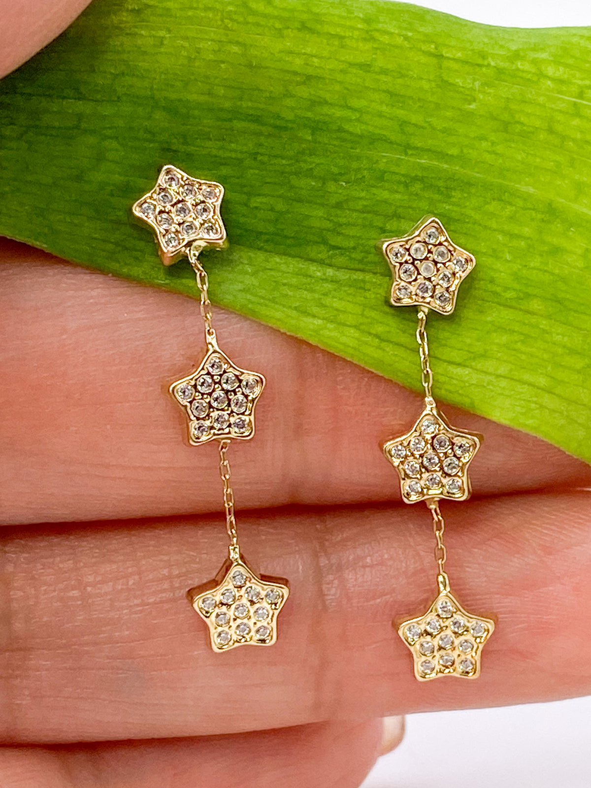 Three Star Earrings cz, 14K Solid Yellow Gold